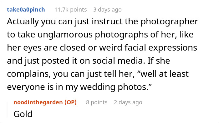 Screenshot of a social media comment discussing a woman&rsquo;s wedding revenge involving unflattering photos and controversy.