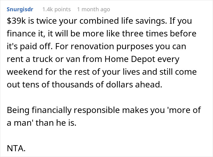 Screenshot of a Reddit comment advising financial responsibility over an impulsive manly purchase plan.
