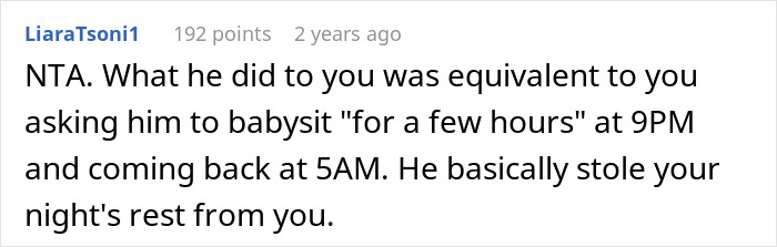 Screenshot of a Reddit comment discussing refusal to babysit roommate&rsquo;s kid after a night shift, highlighting personal boundaries.