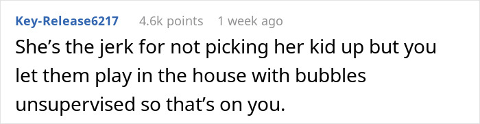 User comment on WBTA if charging friend for daughter ruining furniture, discussing responsibility for unsupervised play inside the house.