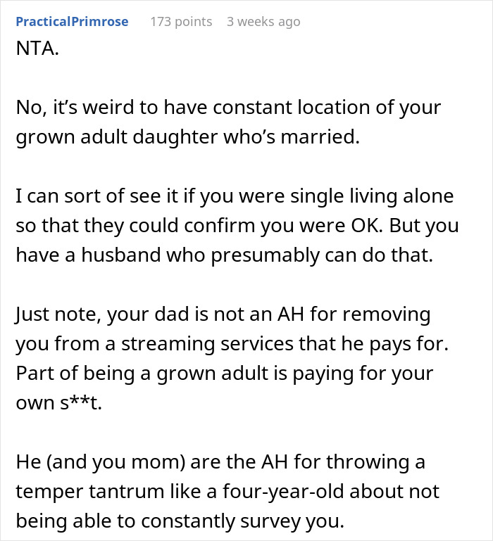 Comment discussing removing phone tracking due to parents constantly seeing location of their grown adult daughter.