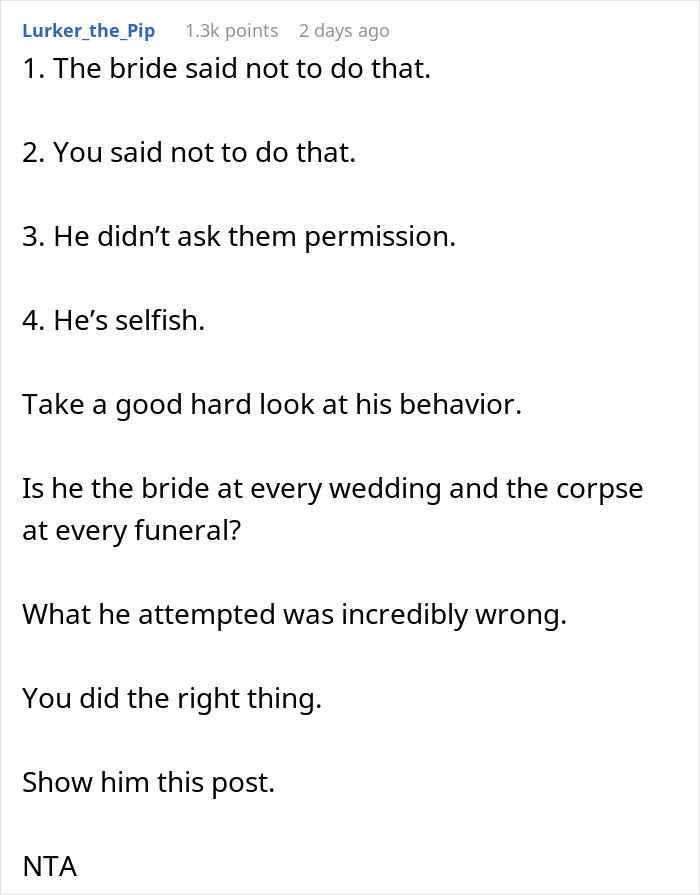 Text commentary on stopping boyfriend&rsquo;s proposal at best friend&rsquo;s wedding, discussing selfish behavior and right actions taken.