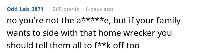 Screenshot of a social media comment discussing family drama involving woman and sister's fianc&eacute; before wedding.