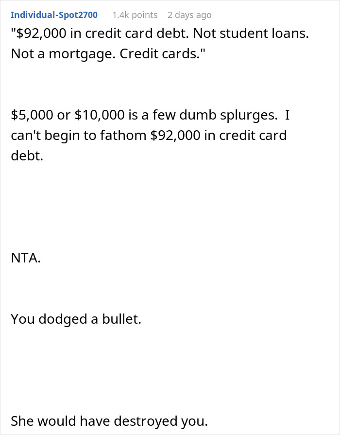 Reddit comment discussing bride-to-be&rsquo;s secret credit card debt that shuts down prenup negotiation debate.