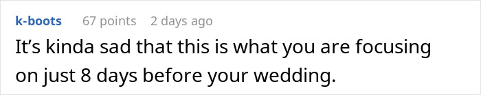 Comment highlighting wedding stress and focus, posted 8 days before the woman's controversial wedding revenge.