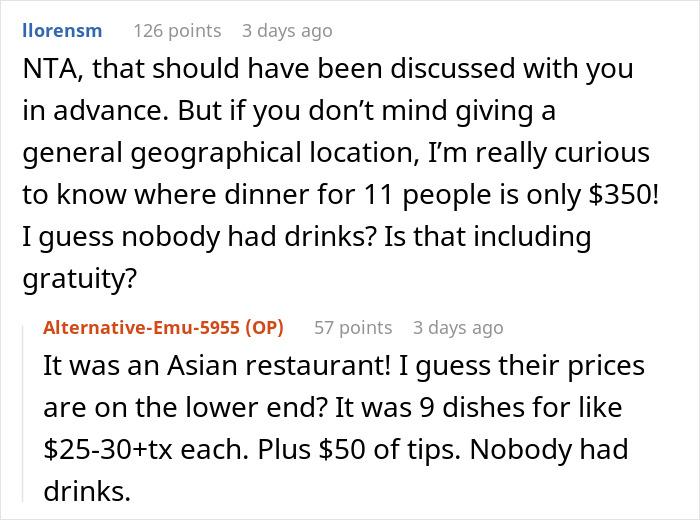 Person discovers they are treating the table after dinner and refuses to pay, sparking a heated discussion online.