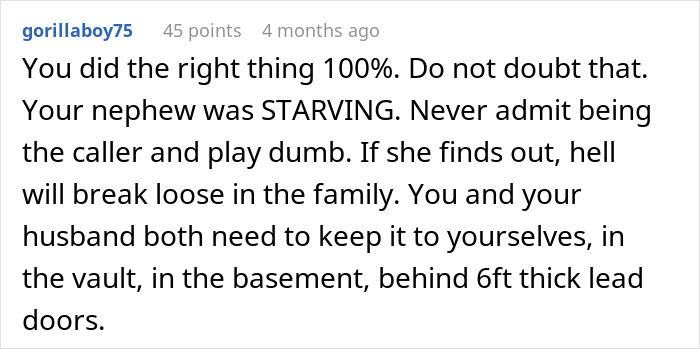 Commenter advises to keep secret reporting parents to CPS for starving their child to avoid family conflict.