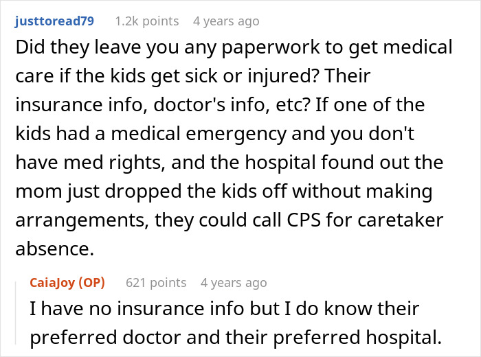Comment discussing lack of medical paperwork and insurance details during a babysitting nightmare for aunt and SIL’s kids. Comment discussing lack of medical paperwork and insurance details during a babysitting nightmare for aunt and SIL’s kids.