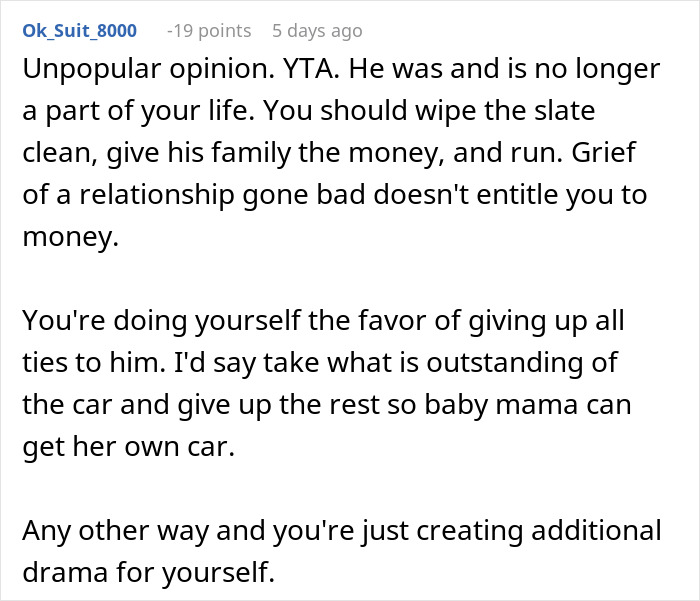 Screenshot of a comment discussing a woman refusing to give up her life insurance policy and car refinancing dispute. Screenshot of a comment discussing a woman refusing to give up her life insurance policy and car refinancing dispute.