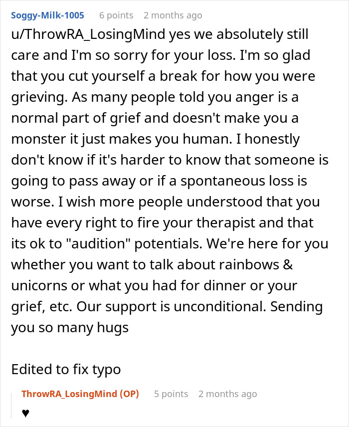 Reddit support message offering grief and therapy advice after a heartbreaking cancer diagnosis and pregnancy assumptions.