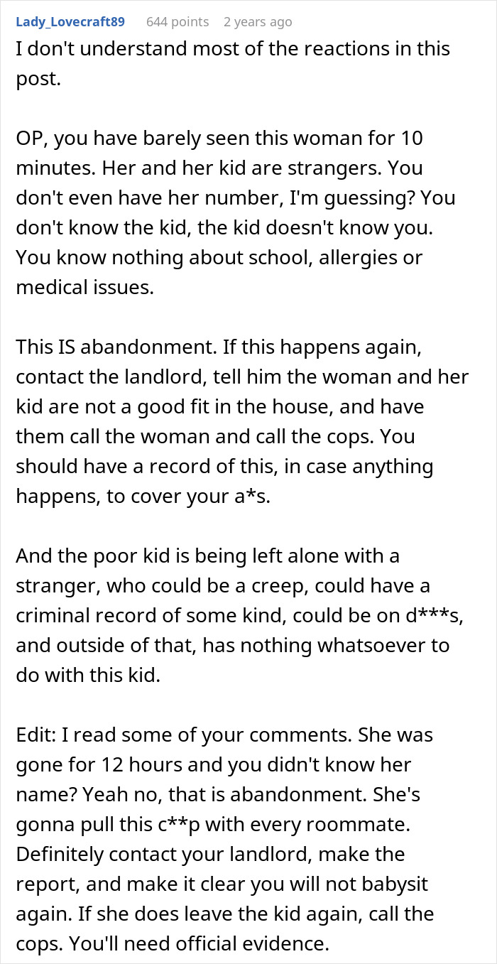 Commenter warns about woman abandoning child with stranger roommate after knowing her for only 10 minutes, calling it abandonment.