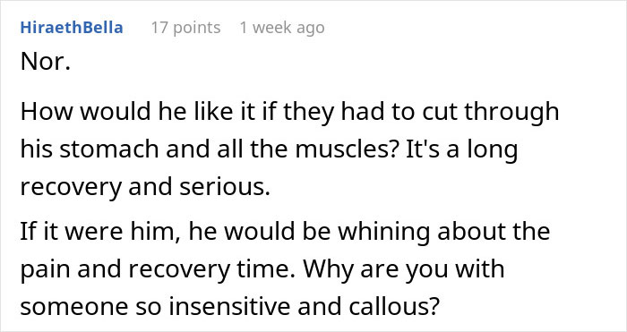 Comment discussing traumatic birth experience and boyfriend&rsquo;s insensitive reaction to recovery pain and process.