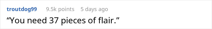 Text post on social media showing employee's comment about needing 37 pieces of flair in a humorous context