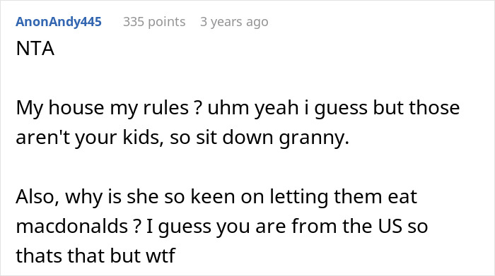 Screenshot of a Reddit comment discussing a mom refusing to leave kids with MIL due to feeding them fast food.