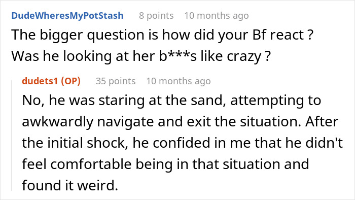 Screenshot of an online conversation where a woman feels betrayed after her mother goes topless in front of her boyfriend. Screenshot of an online conversation where a woman feels betrayed after her mother goes topless in front of her boyfriend.