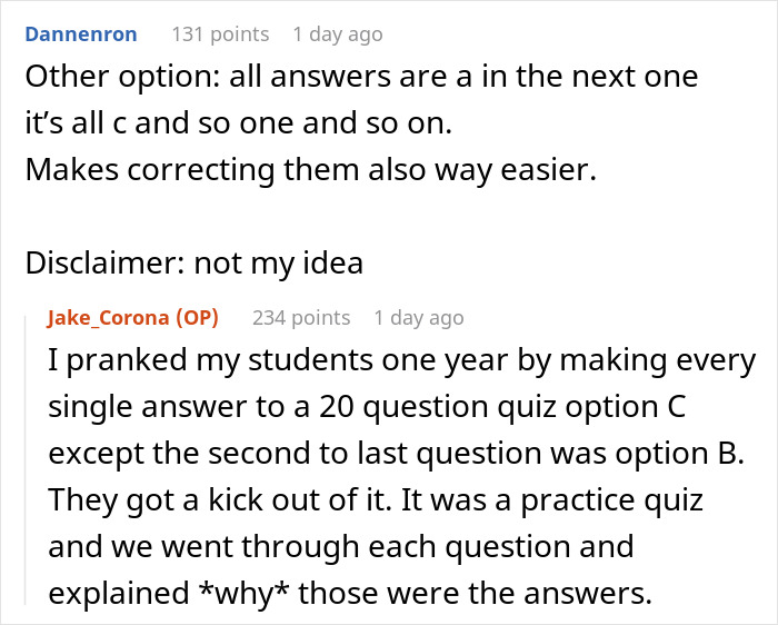 Screenshot of an online discussion about a teacher catching cheaters by handing out 24 quiz versions and quiz answer strategies.