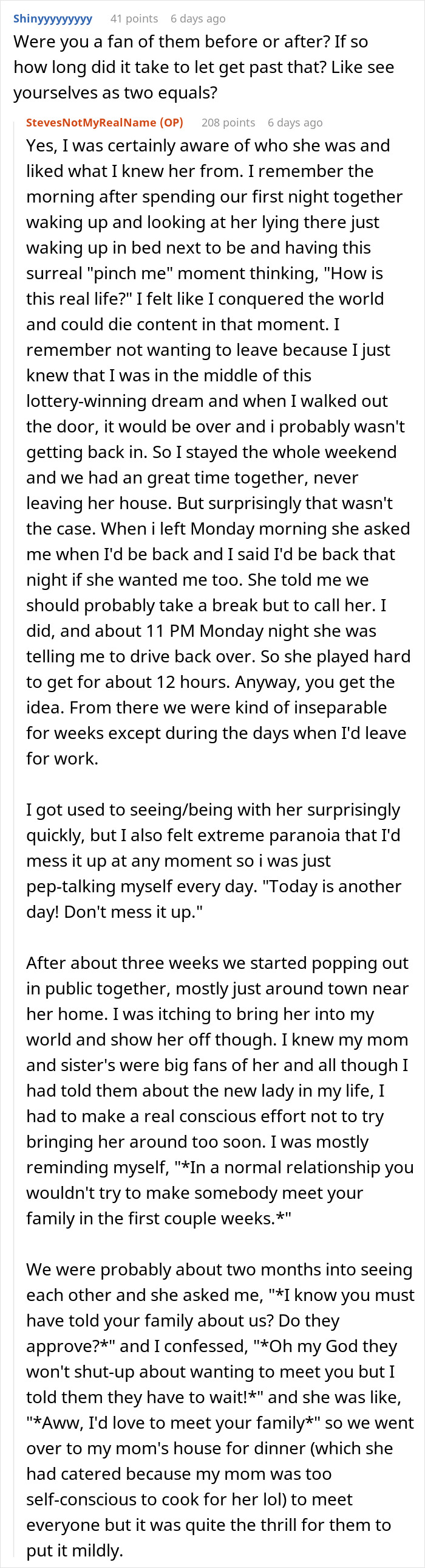 Man shares personal experience of dating a famous actress, describing moments of closeness and relationship challenges.