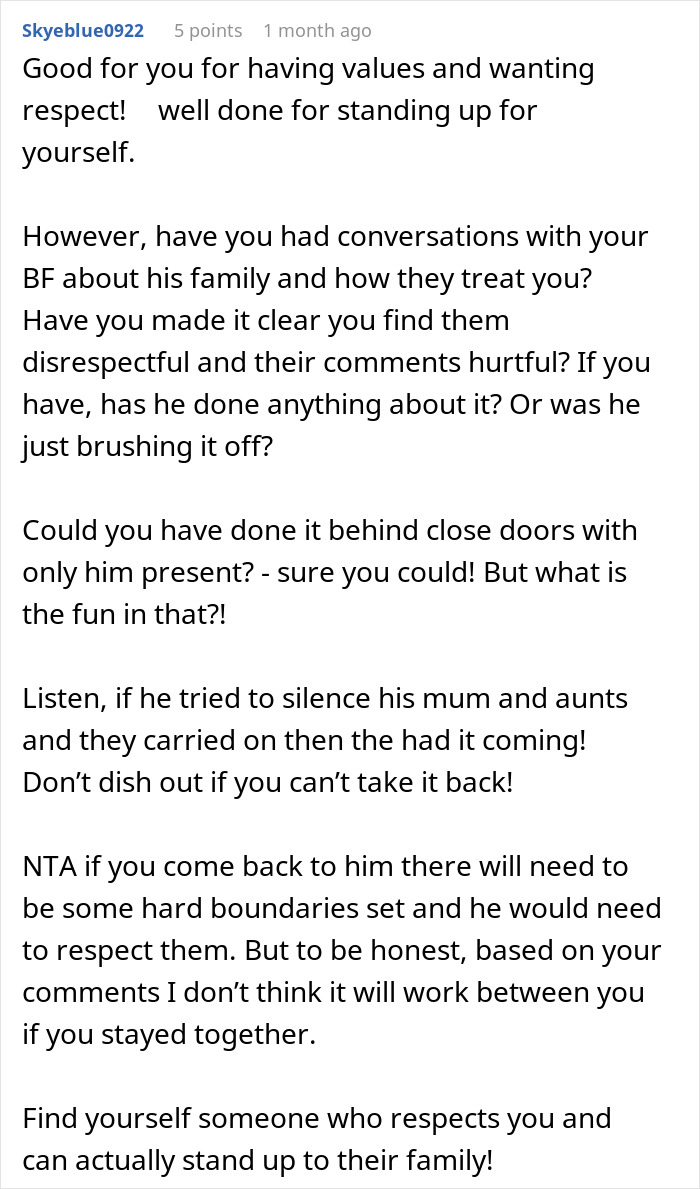 Screenshot of an online comment discussing standing up to disrespectful family and setting boundaries in relationships.