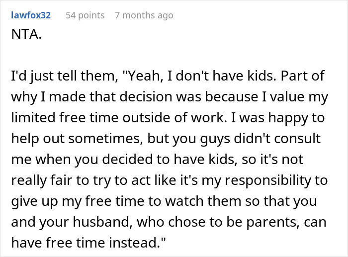 Screenshot of a Reddit comment explaining why a childfree brother sets boundaries on babysitting three kids every weekend.