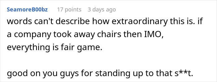 Comment expressing support for airport employees uniting against manager who took their chairs away.
