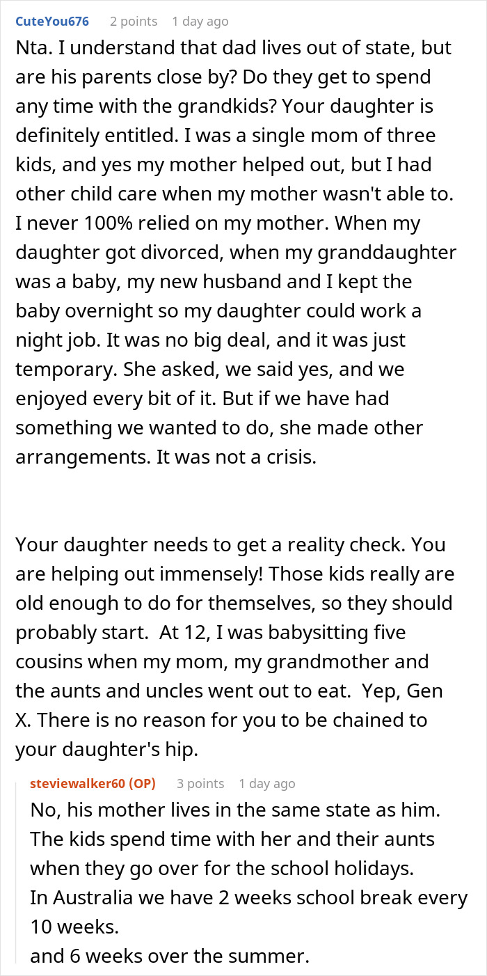 Commenters discussing a woman upset her mom booked a vacation and won&rsquo;t babysit her two kids.