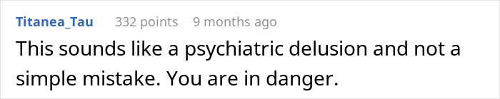 Comment reading psychiatric delusion with warning about danger, relating to husband&rsquo;s pregnancy assumptions and cancer diagnosis.