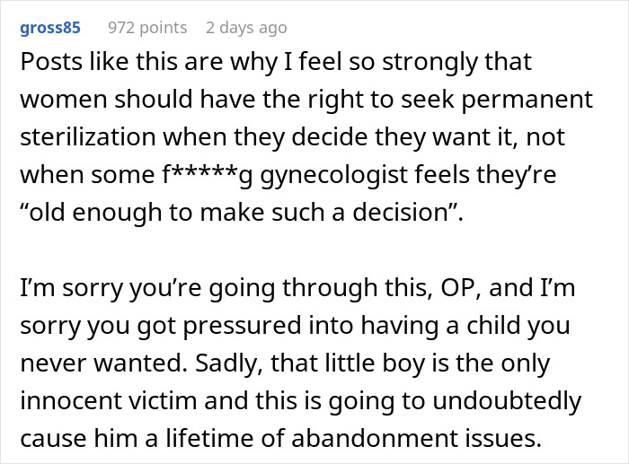 Reddit comment discussing a mom tired of her cheating husband and unwanted child, expressing strong opinions on sterilization rights.