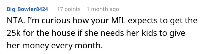 Comment discussing wife refusing to support husband&rsquo;s mom after job loss, with family calling her selfish.