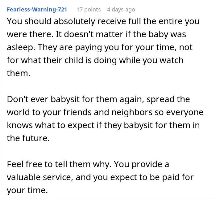 Babysitter explaining why families should pay full amount even if baby falls asleep during childcare.
