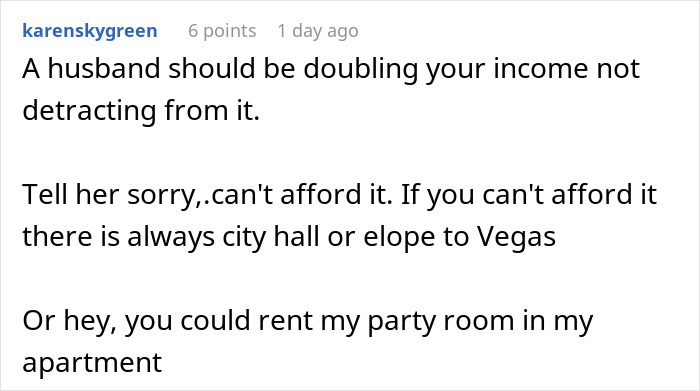 Comment suggesting alternatives to funding a distant cousin&rsquo;s wedding due to being single with no kids.