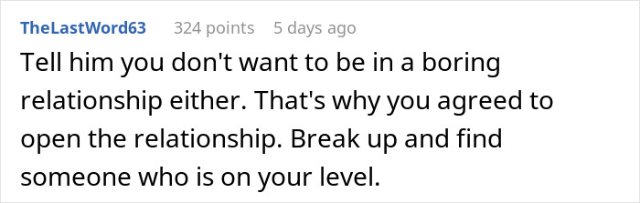 Screenshot of a comment advising to leave a hypocrite in an open relationship who flips out over one-night stands.