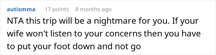 Comment about dad wondering if he&rsquo;s a jerk for not wanting to join wife&rsquo;s work trip with the kids, discussing concerns.