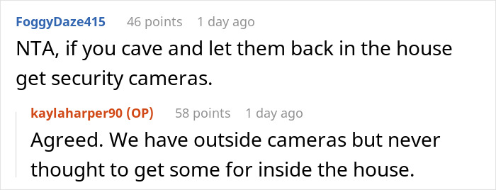 Reddit thread discussing demanding to check brother’s girlfriend’s bags and suggestions about house security cameras. Reddit thread discussing demanding to check brother’s girlfriend’s bags and suggestions about house security cameras.