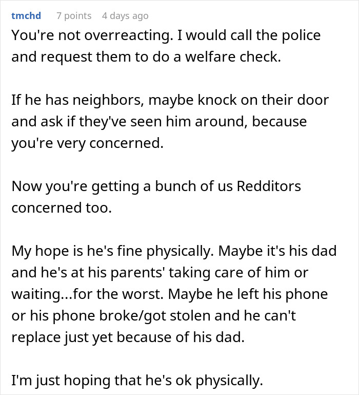 Comment about a woman planning a vacation with her boyfriend who disappears the day before the flight, showing concern for his wellbeing.