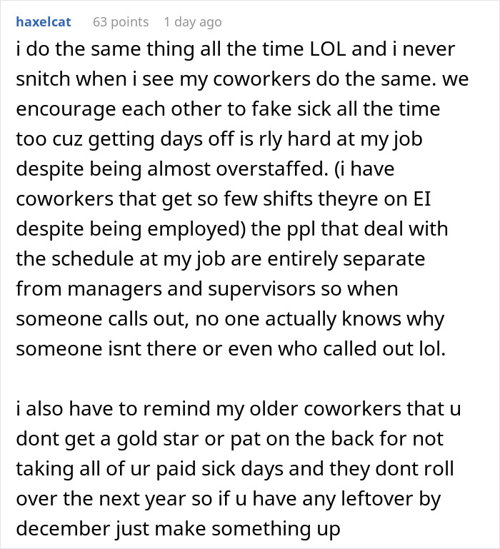 alt text: Reddit user sharing experiences about calling in sick and fake sick days at work with coworkers.