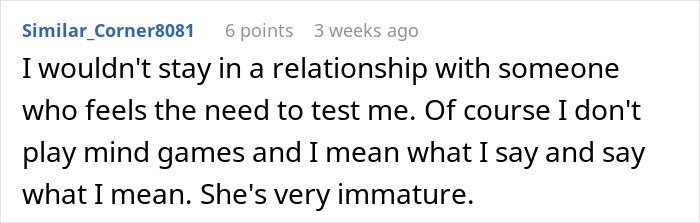 Comment expressing refusal to stay in a relationship after girlfriend fakes pregnancy as a test of love. Comment expressing refusal to stay in a relationship after girlfriend fakes pregnancy as a test of love.