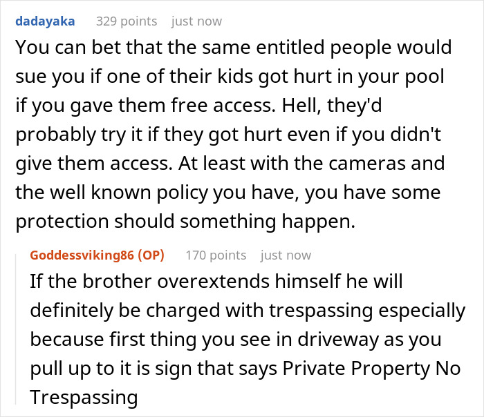 Discussion about neighbors sending relatives to use a private pool without consent and issues of trespassing signs.