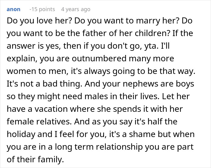 User comment discussing challenges of watching kids during a trip with girlfriend’s family, reflecting relationship dynamics. User comment discussing challenges of watching kids during a trip with girlfriend’s family, reflecting relationship dynamics.