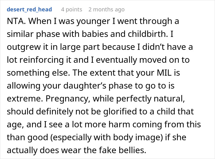 Reddit comment discussing a mom furious over MIL&rsquo;s weird gift to her pregnancy-obsessed 6-year-old child.
