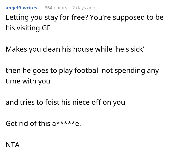 Commenter discussing unfair treatment and refusal to babysit boyfriend’s niece during vacation, highlighting relationship issues. Commenter discussing unfair treatment and refusal to babysit boyfriend’s niece during vacation, highlighting relationship issues.