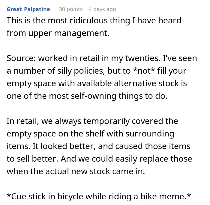 Text post discussing retail management policies about not filling empty shelves, impacting sales and store presentation.