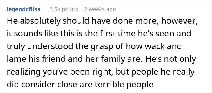 Text post from Reddit user legendoflisa discussing realization about husband&rsquo;s childhood best friend and family being terrible people.