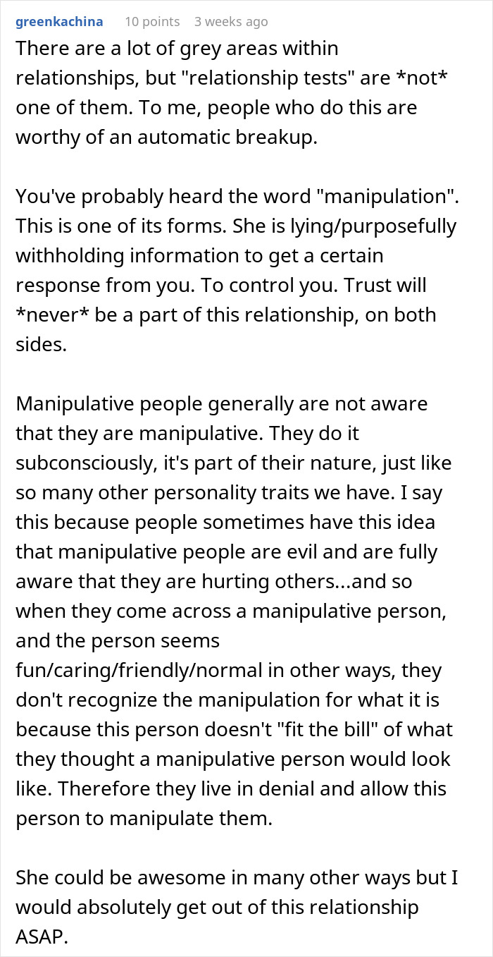 Comment explaining manipulation and trust issues in relationships after girlfriend fakes pregnancy as a test of love. Comment explaining manipulation and trust issues in relationships after girlfriend fakes pregnancy as a test of love.