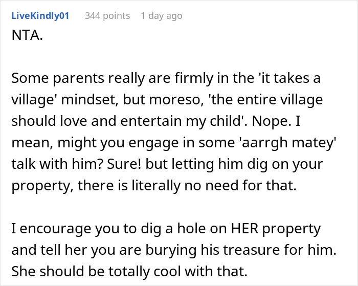 Neighbor child digging and ruining lawn, causing visible dirt patches and damage to grassy yard area.