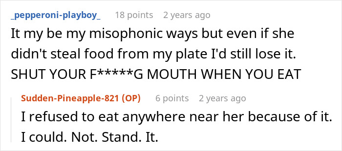 Screenshot of a Reddit conversation about a person getting revenge on a roommate stealing food off their plate.