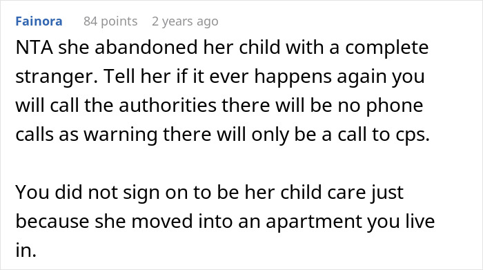 Comment discussing a woman abandoning her child with a stranger roommate, warning of consequences and CPS involvement.