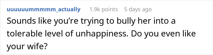 Comment discussing a man asking how to make his wife feel what he feels after a date leaves her crying.