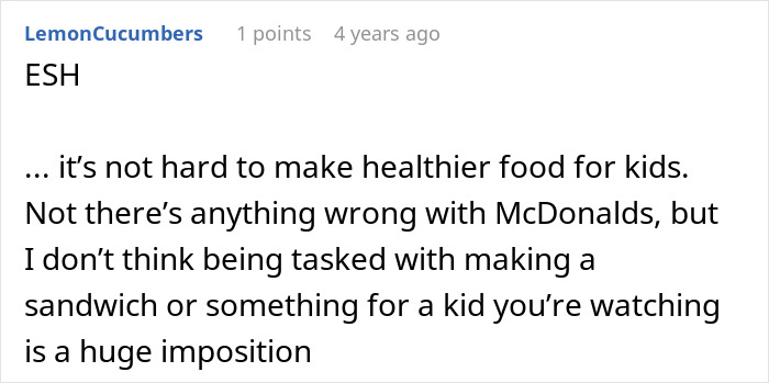 Screenshot of a forum comment discussing feeding nieces junk food for 3 days and the difficulty of making healthier food for kids.