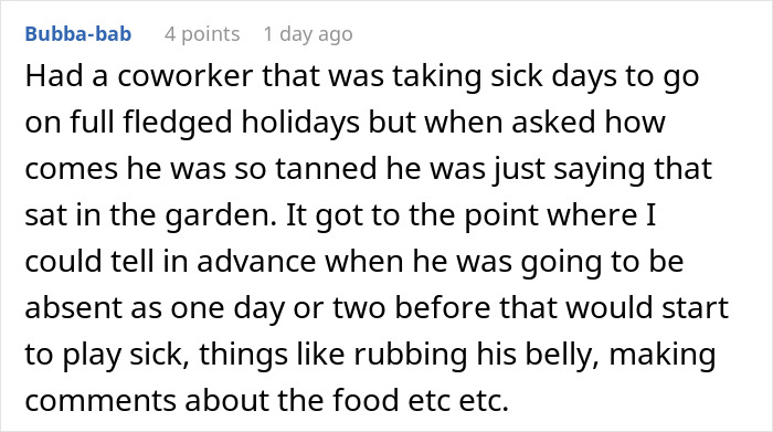 Reddit comment describing a coworker&rsquo;s suspicious behavior when calling in sick to enjoy a bottomless mimosa brunch experience.