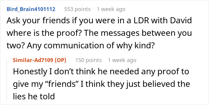 Reddit conversation showing users discussing a man&rsquo;s fake relationship and false cheating accusations online.